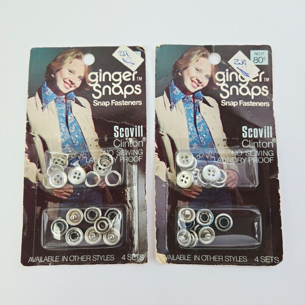 Lot of 2 Vintage Scovill Clinton Ginger Snaps Snap Fasteners No-Sew 8 Sets 70s